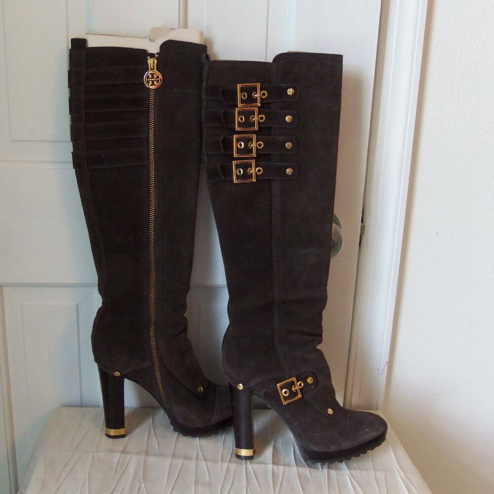 Tory Burch Tall Brown Suede Buckle Heeled Boots sz 6.5